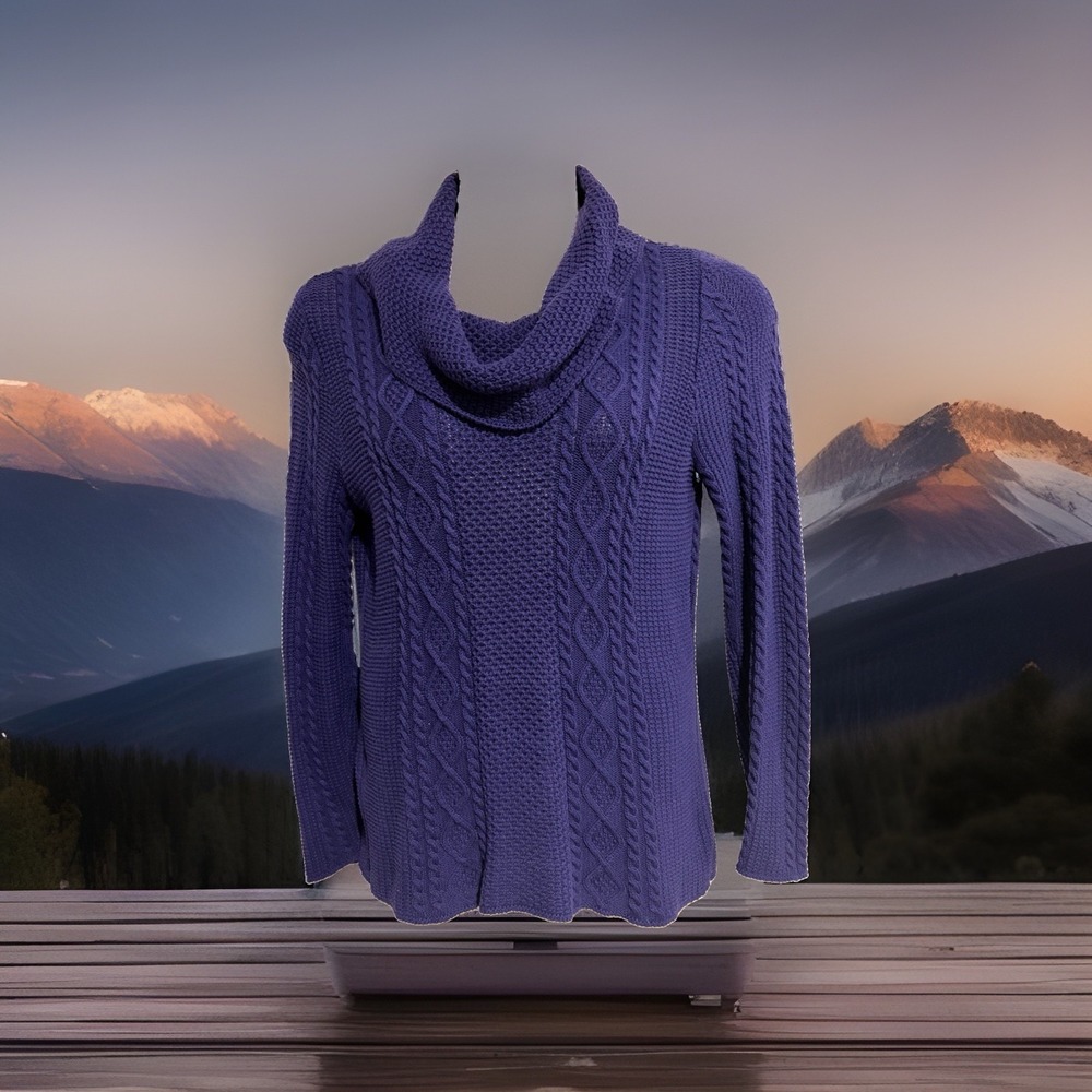 888 Purple Cowl Neck  Cable Knit Tunic Sweater Womens L  100% Cotton Fisherman